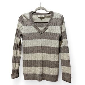 LOFT Wool Blend Striped Cable Knit V-Neck Sweater Cream Taupe Size M